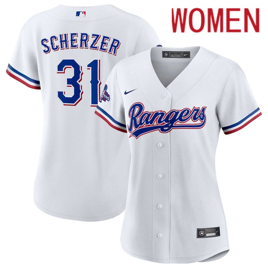 Women Texas Rangers 31 Max Scherzer Nike White Home 2023 World Series Champions Replica Player MLB Jersey